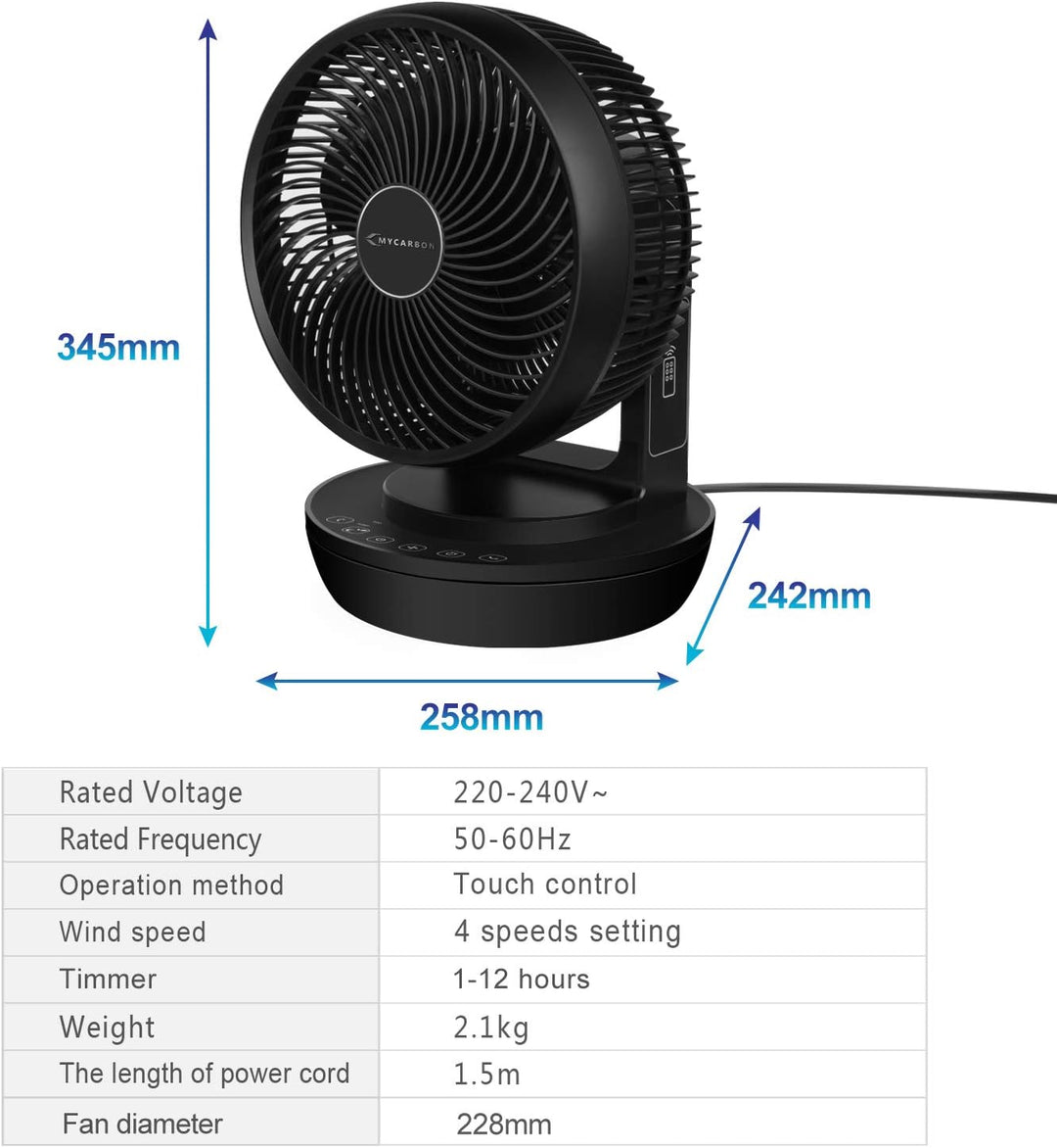 MYCARBON Stille Turbo Ventilator met 3D Luchtcirculatie & Afstandsbediening